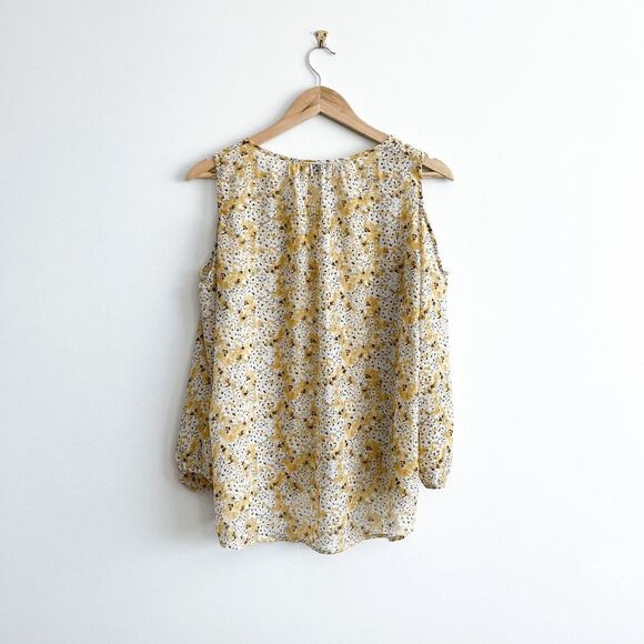 Plum Womens Blouse Cold Shoulder Long Sleeve Floral Sheer Yellow Medium - Picture 3 of 8